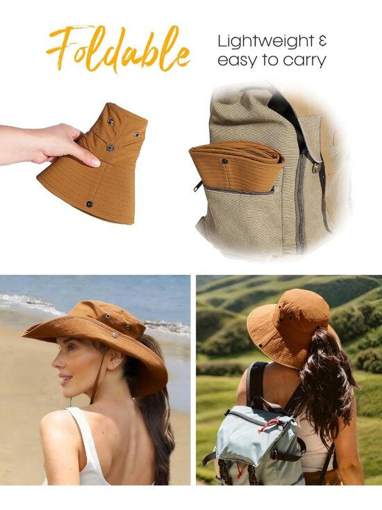 〽️Women Brown Ponytail UPF 80+ Wide Brim Packable Cowboy Hat Beach Sun Hat main image 5